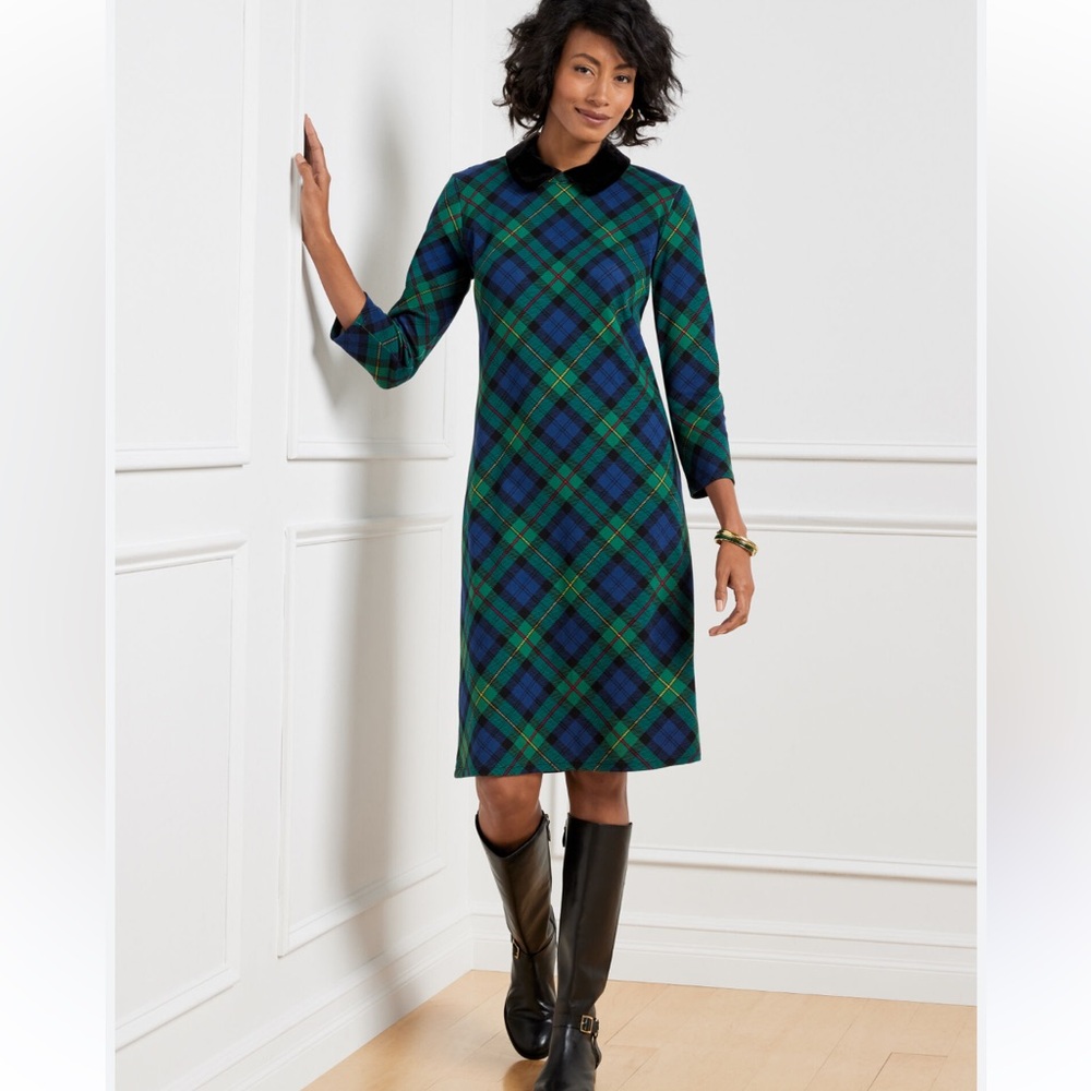 Talbots A-Line Soft Cotton Sapphire and Emerald Plaid Long Sleeve Dress